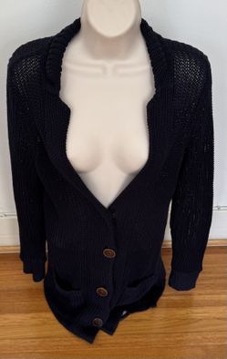 Vince black 100% linen knit 3 buttons collared long cardigan with pockets, size S