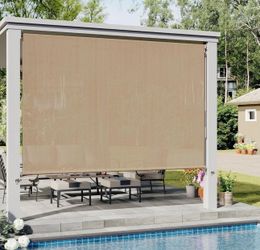 VICLLAX Outdoor Roller Shade (9' W × 8' L) Patio Cordless Blinds Exterior Roll Up Shade w/ Spliced Design - Wheat