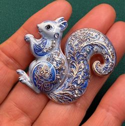 Blue Enamel Squirrel Brooch Pin