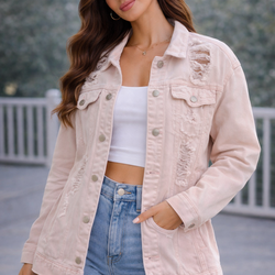 Forever 21 Distressed Pink Denim Jacket – Oversized Light Blush Jean Jacket