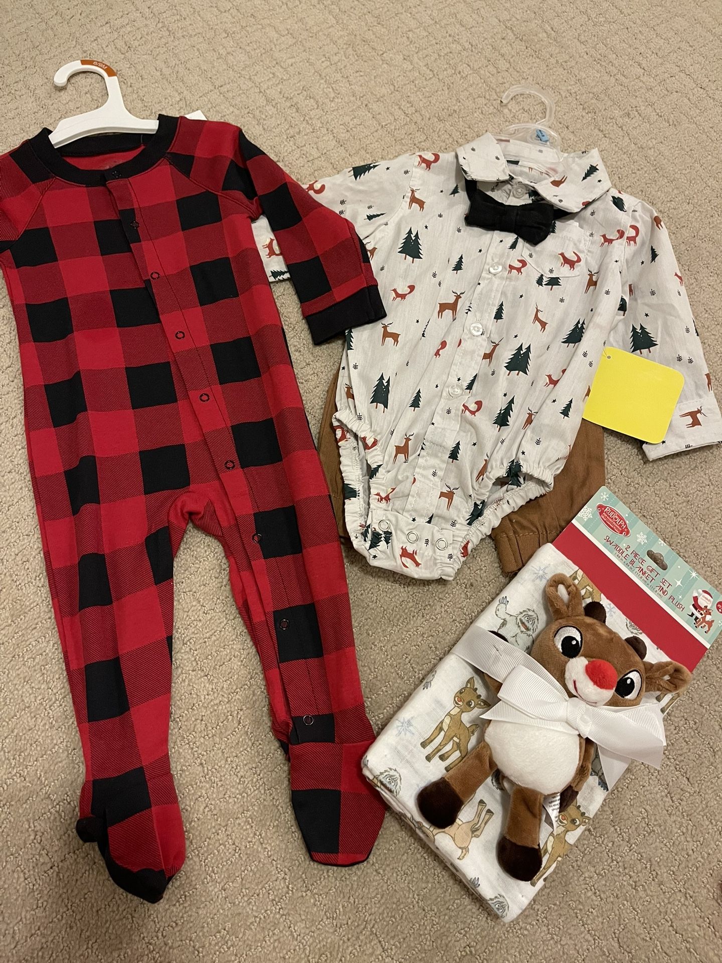 Infant Boy Christmas Outfit and Pajamas Rudolph Swaddle Blanket Plush (6-9 Months)