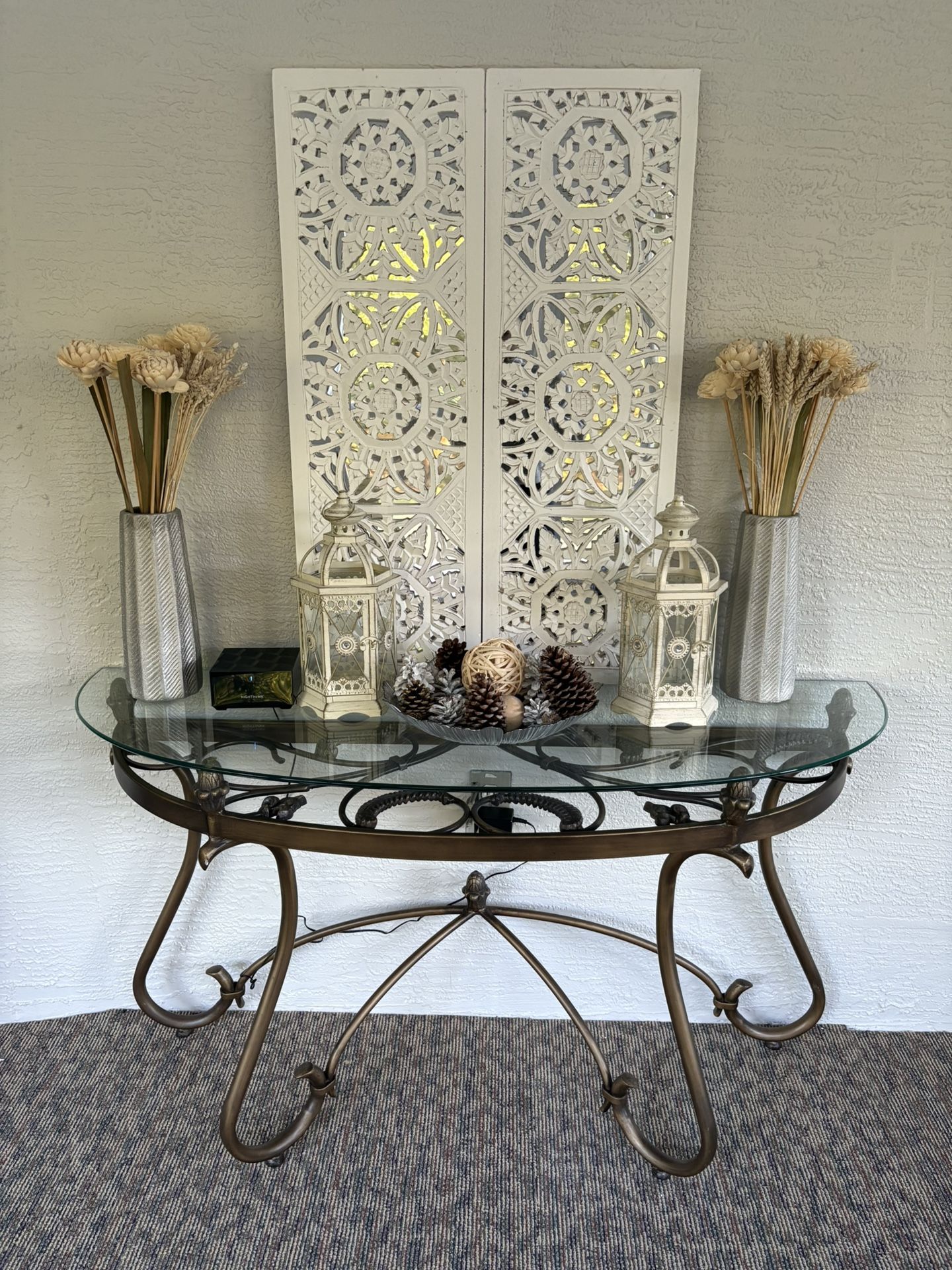 Set Of 3 Matching Bronze Glass Tables - Entry Table and Side Tables