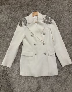White Double Breasted Blazer Jacket Rhinestone Fringe Shoulder Epaulets Coat Size:M