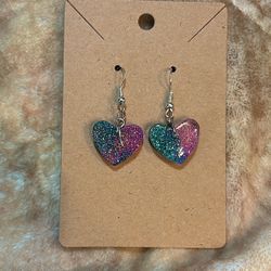 Pink and Teal Sparkle Heart Dangle Earrings