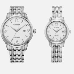 Citizen His and Hers Set Eco-Drive Silver Watch 40MM 28MM gift box