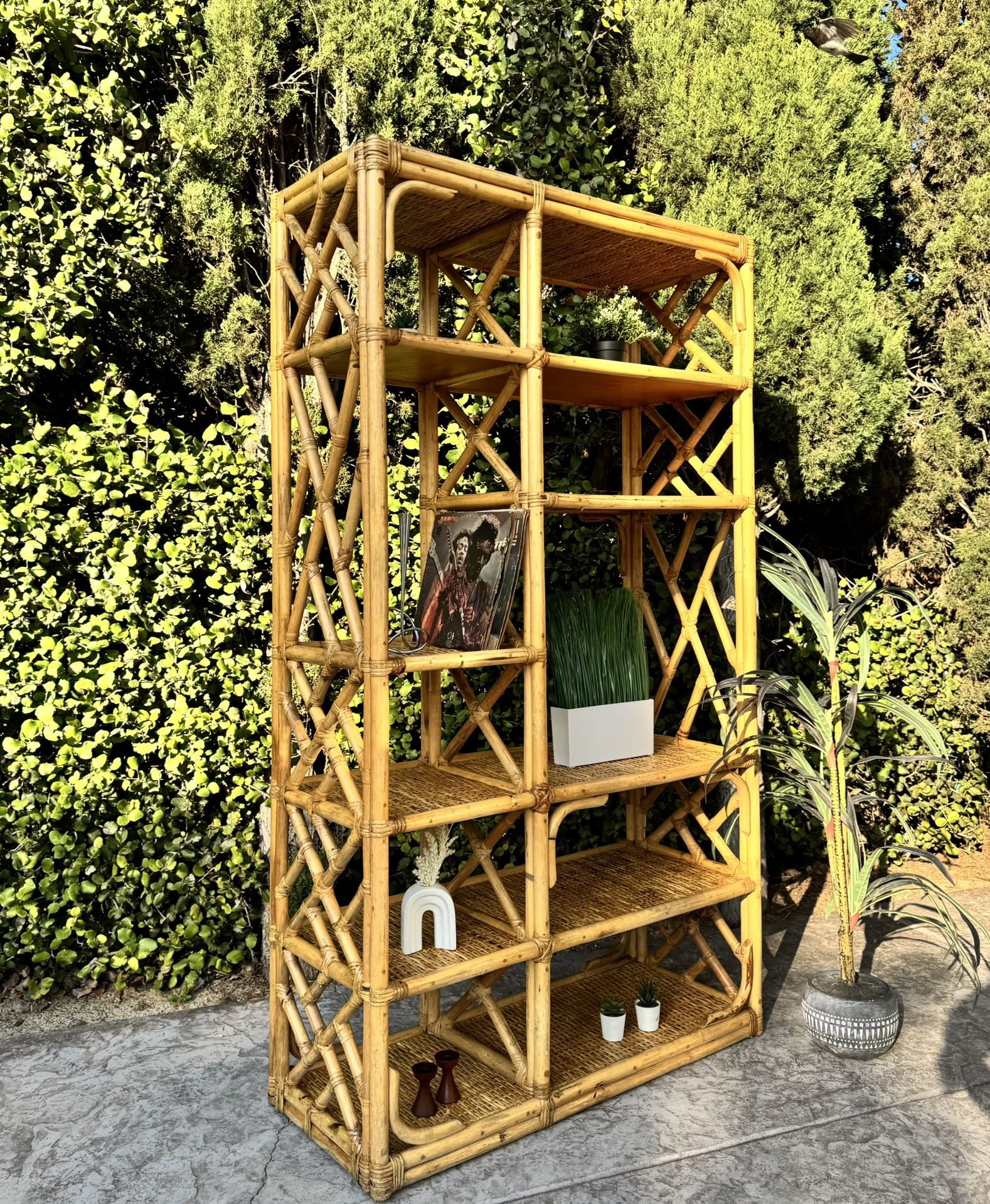 Mid Century Boho Chic Rattan Bamboo Wall Unit Book Shelf Cabinet Etagere Bookshelf