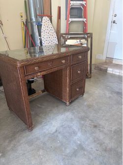 Coastal Wicker Glass Top Executive Desk