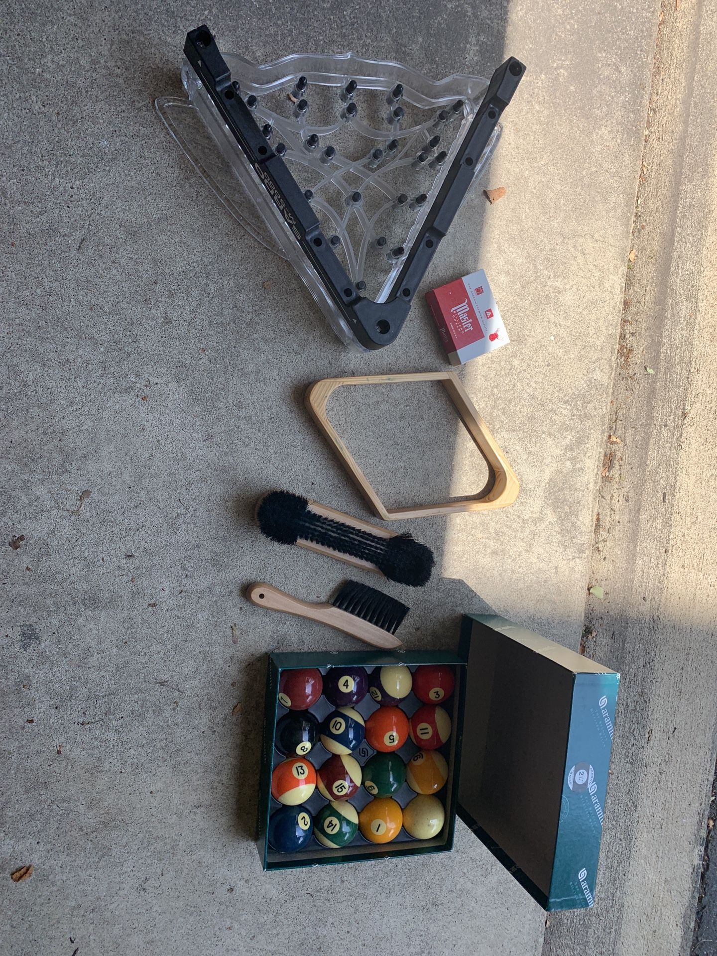 Tight rack, pool balls and accessories