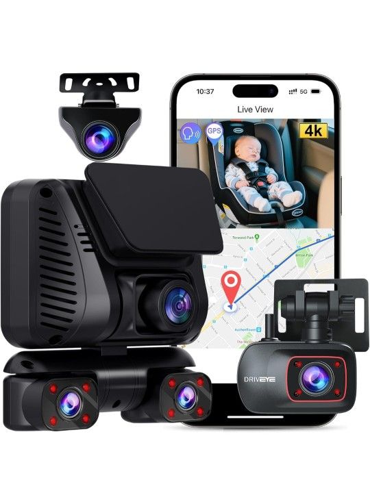 D9 4K Dash Cam with 5 Cameras – 4 Channel + 1 Baby Car Camera, Front and Rear, 360° View, IR Night Vision, Free 128GB Card & CPL, 5GHz Wi-Fi GPS