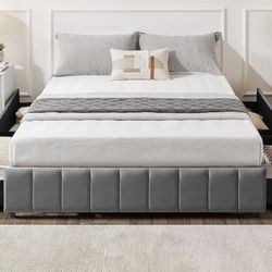 Full Size Bed Frame Upholstered Platform Bed with 4 Storage Drawers