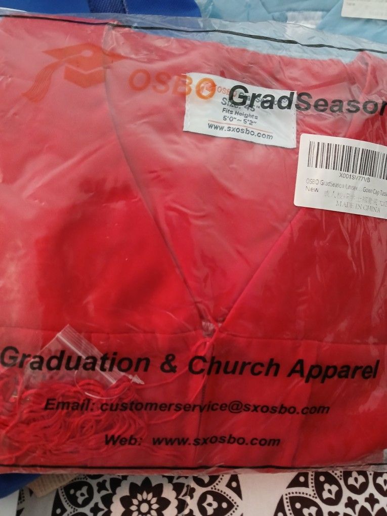 Red Cap,tassel, and graduation ROBE   5' to 5'2. I aso have  5'9 Size Unisex