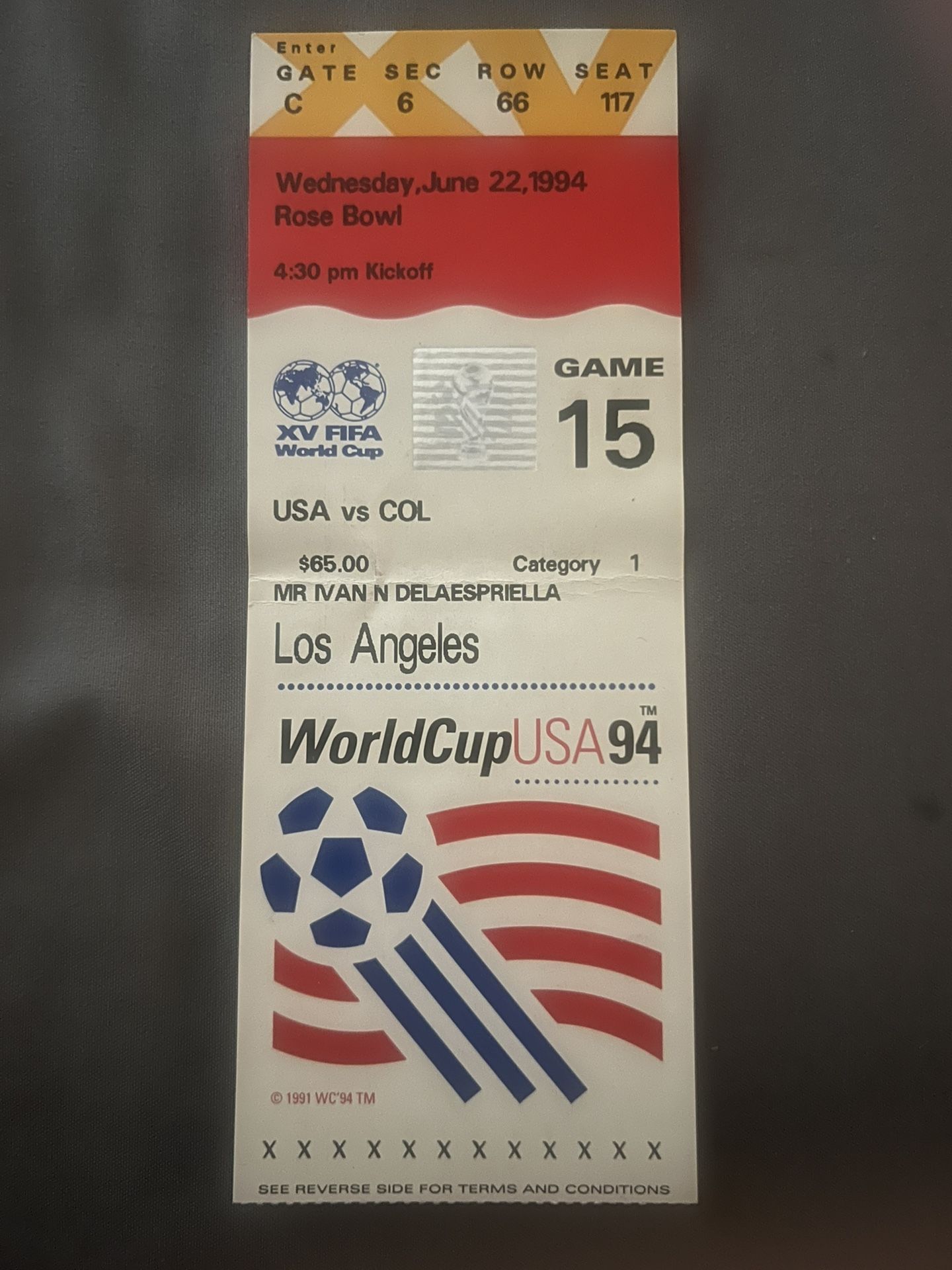 1994 FIFA World Cup Ticket – USA vs Colombia at Rose Bowl