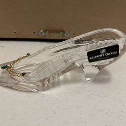 Killarney, Crystal Ireland, Glass Slipper Shoe, Gold Chain, Green Rhinestones