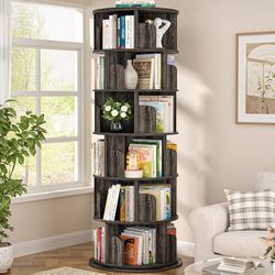 Aheaplus 6 Tier Rotating Bookshelf, Wood Spinning Bookshelf Tower, Round Revolving 360 Bookcase,