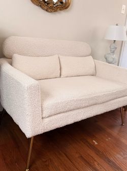 Ivory Boucle Loveseat / Small Sofa – 51” Two-Seater with Gold Legs