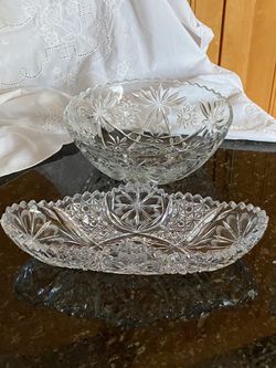 Vintage Lead Crystal Oblong Relish Plate & Round Bowl