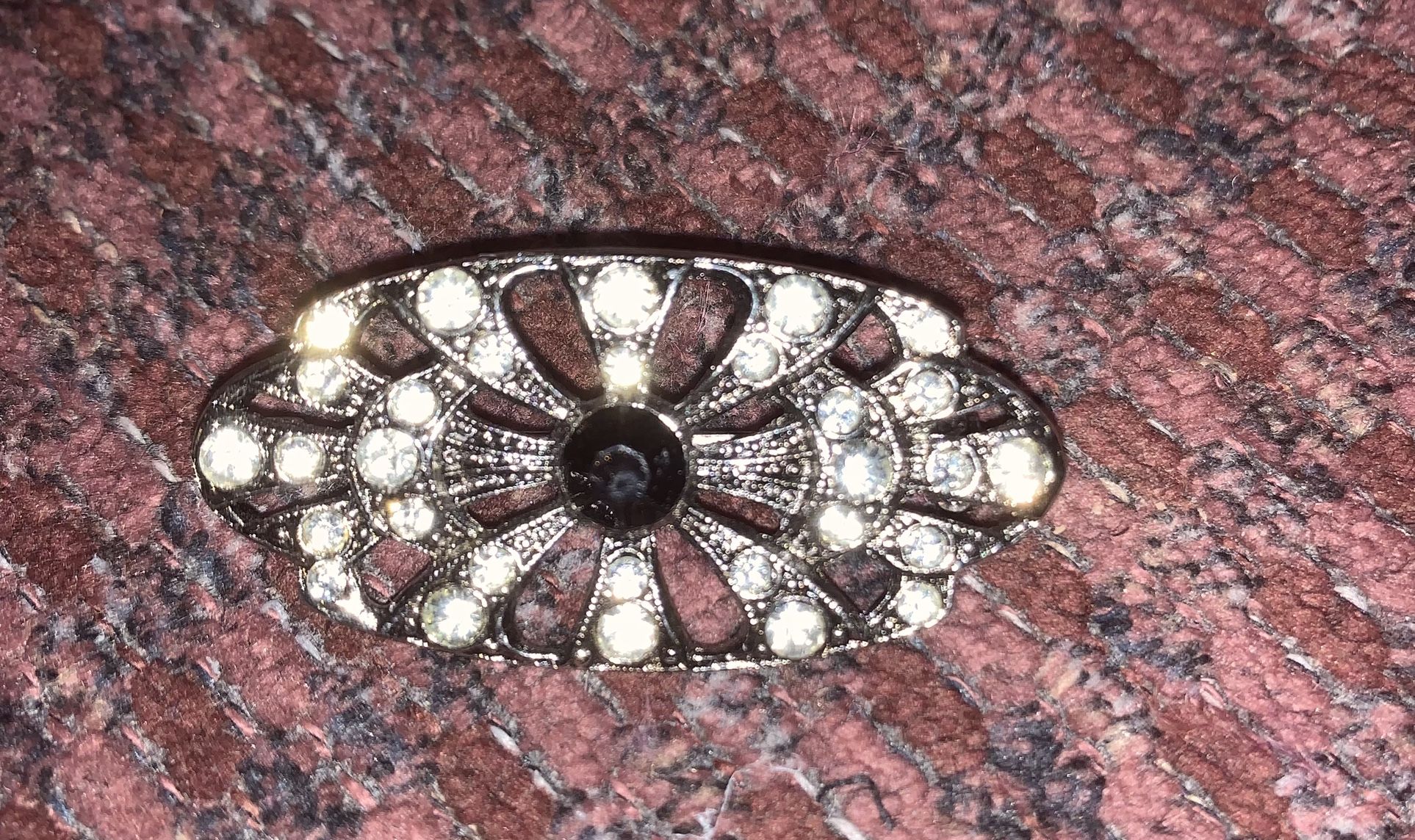 Vintage Rhodium, Crystal & Onyx Brooch 