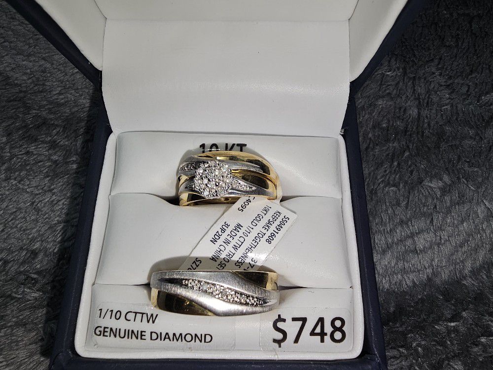 1/10 Carat T.W. Diamond 10KT Yellow Gold Women's & Men's Trio Wedding Ring Set by Keepsake
