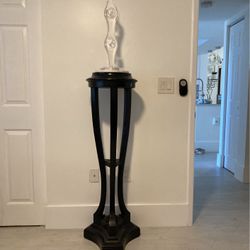 48” HEAVY, Solid Wood Black Antique Pedestal Table. 4 Feet Tall. Vintage Used Condition. Paint Or Leave As Is.  