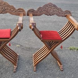 2 Renaissance Savonarola Throne Carved Lion Heads and Feet Scissor Folding Chair

