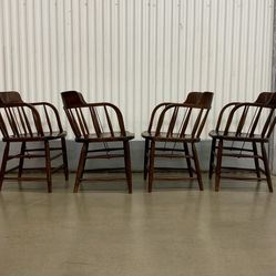 Antique 1800’s solid oak barrel back captain pub chairs by S.Bent & Brothers