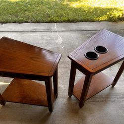 Set of two Leick Rustic Oak and slate Recliner wedge tables one with drink holders