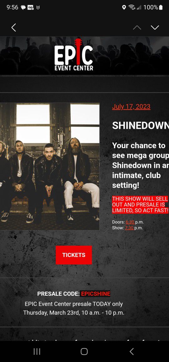 Shinedown Tickets For July 17th Sold Out Show 