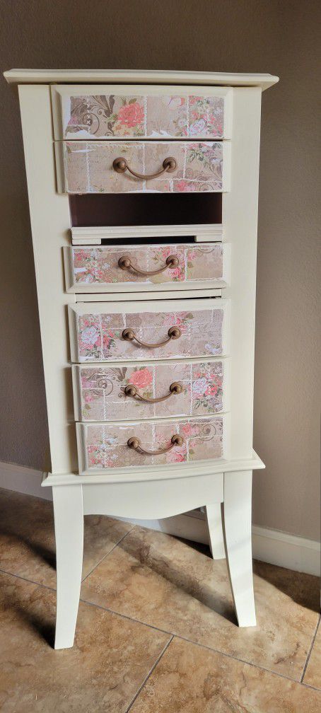 Jewelry Armoire, Painted, Flower Decoupage Paper, 