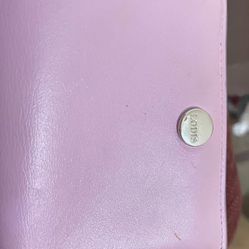 Leather Bifold Wallet Pink color outside caramel color inside  4”xL x 1/8"W x 3-1/2”h RFID