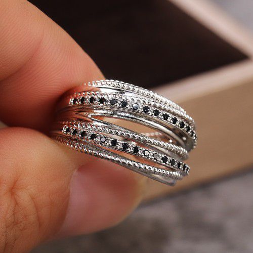 "Multi Layer Stacking Black Zircon 925 Sterling Silver Plated Ring for Women, L037
 
  