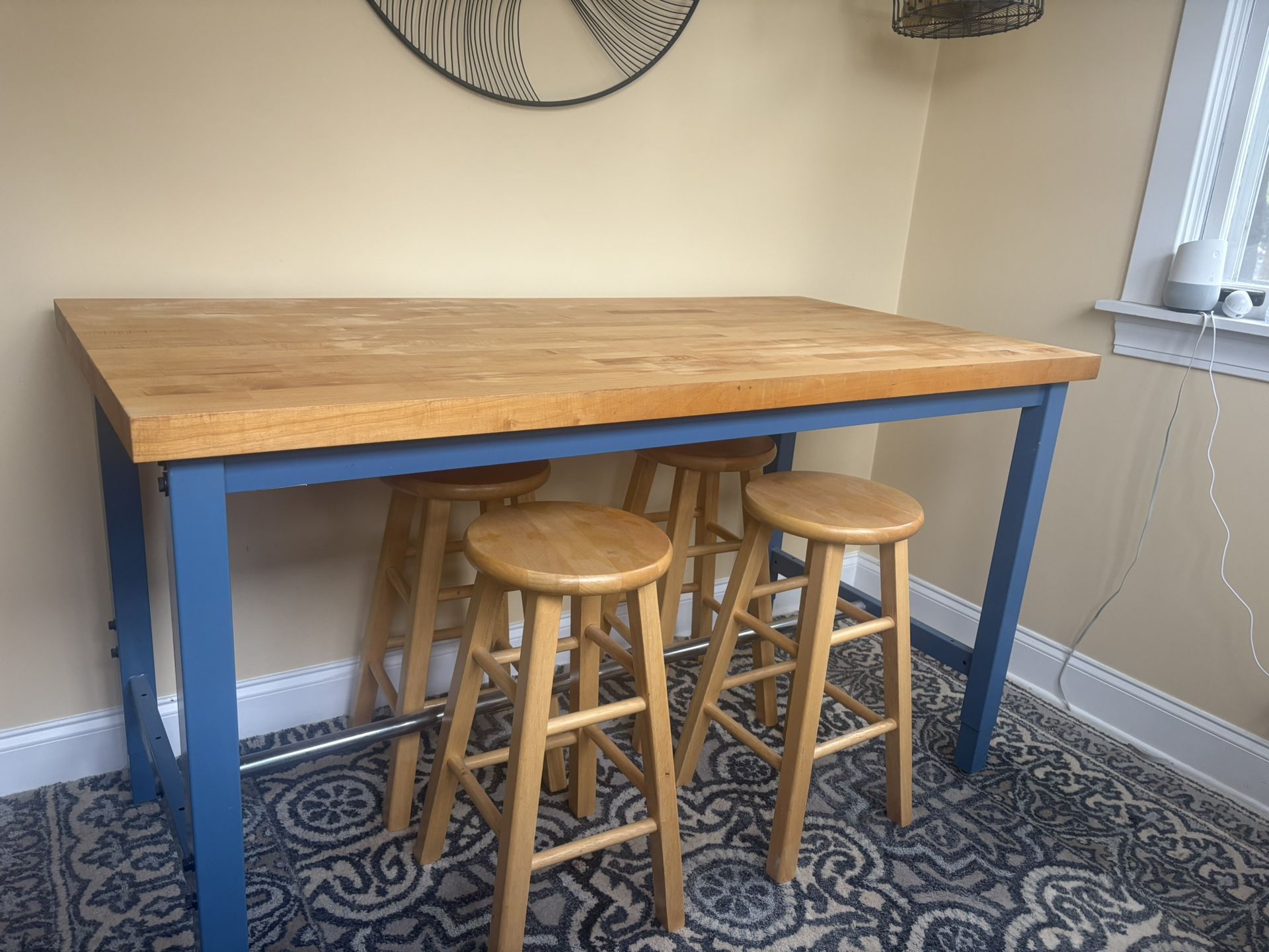 Butcherblock Metal Frame Table with 4 Stools