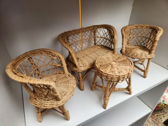4 Piece Rattan/Wicker Miniature Doll House Furniture, Love Seat, 2 Chairs, Table