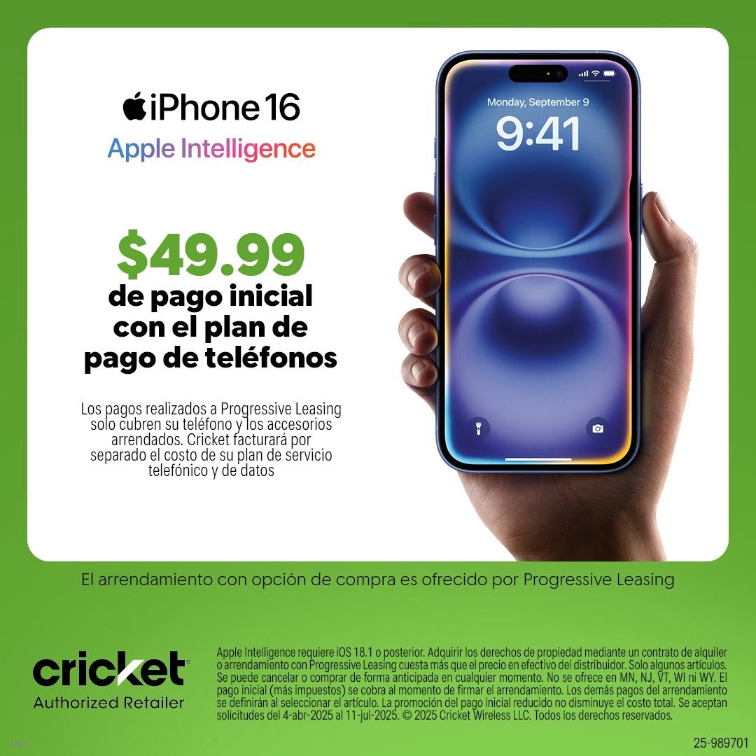 iPhone 16 Plus for $49.99 initial payment only at cricket!! 525 Hampton Pointe Ste D, Hillsborough