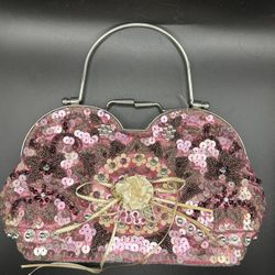 Beaded Pink Sequins & Beads With Satin Cord & Flowers Purse. Metal Trim