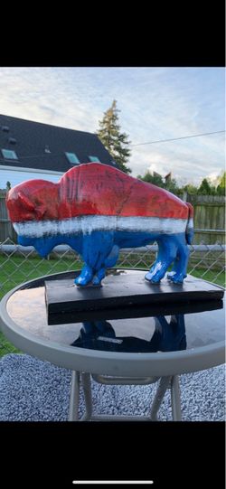 Painted Bison Buffalo Sculpture on Black Base