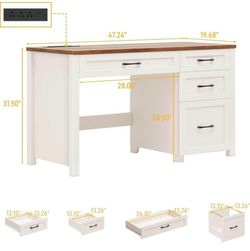 Modern White Office Desk with Charging Station, 47 inch Computer Desk with Storage Drawers & Black Handles, Wood Top