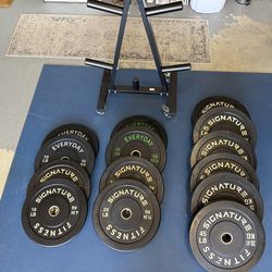 Bumper plates, deadlift bar, barbell storage, etc