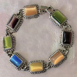 Premier Designs Silver Tone Rainbow Moonglow Cabochon Linked Vintage Bracelet