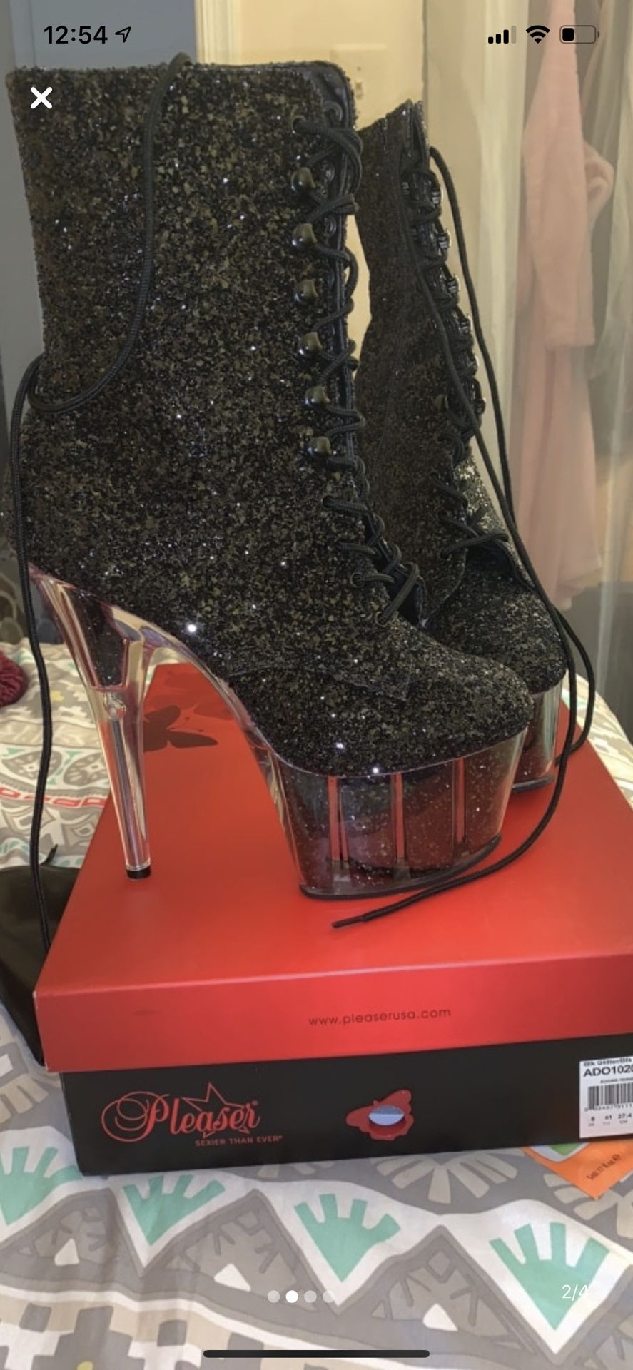 8” Black glitter heel boots