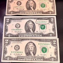 3 TWO DOLLARS BILL ONE RARE ONE WITH A STAR NOTE DETAILS ON PICTURES ALL 3 FOR $95 