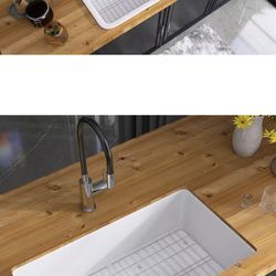 32 in. Drop-In/Undermount Single Bowl White Rectangular Sink Fireclay Center Drain Kitchen Sink with Accessories