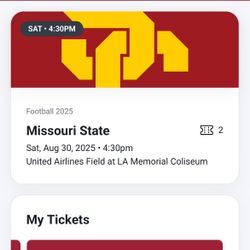 USC vs. Missouri State – 2 Tickets Together – Sat, Aug 30, 2025 – Section 102 Row 29