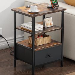 Side Table with Charging Station, Nightstand with Adjustable Fabric Drawer