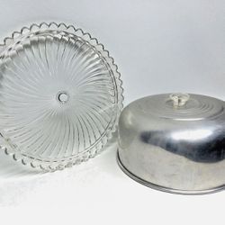 Vintage Decorative Glass Footed Cake Plate with Aluminum Dome Lid 12.5"h x 6.5"w
