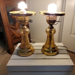 Vintage Pair Of  Brass Crackle Glass Lamps