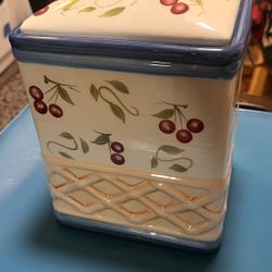 Large Inspirado Square Hand Painted BISCOTTI COOKIE JAR Cherry Basket Weave