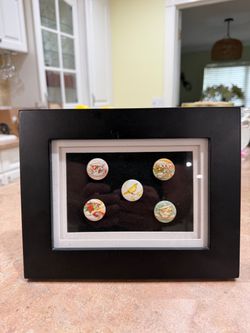 Vintage Hand Painted Red  & Yellow Tea Cups Round Porcelain Button Framed