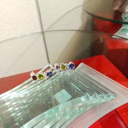 Vintage Sterling Silver (925) Earrings Featuring Garnet,Purple Amethyst And Emerald  Natural Stones