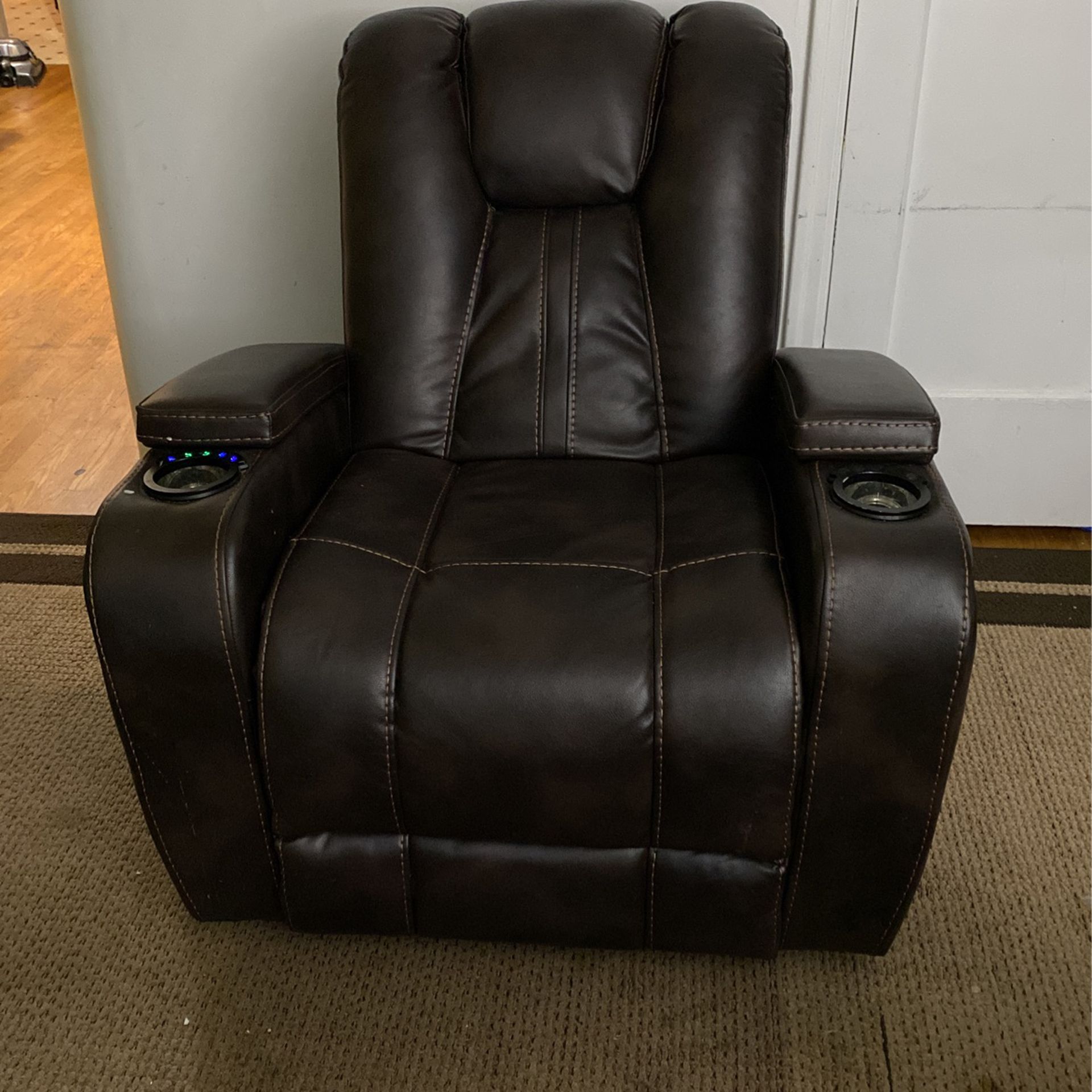 brown leather recliner chair with light up coaster and USB charger in arm rest 