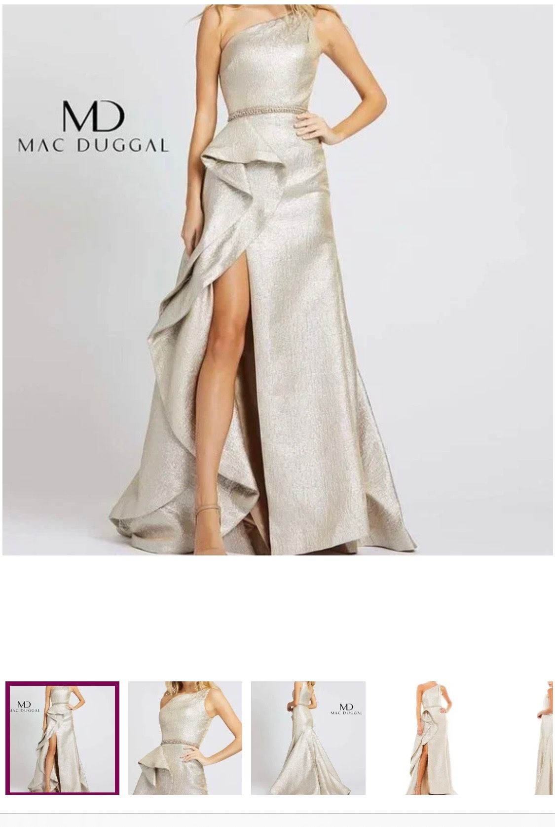 Mac Duggal One Shoulder Gold Metallic Ruffled Evening Gown Dress Size 0